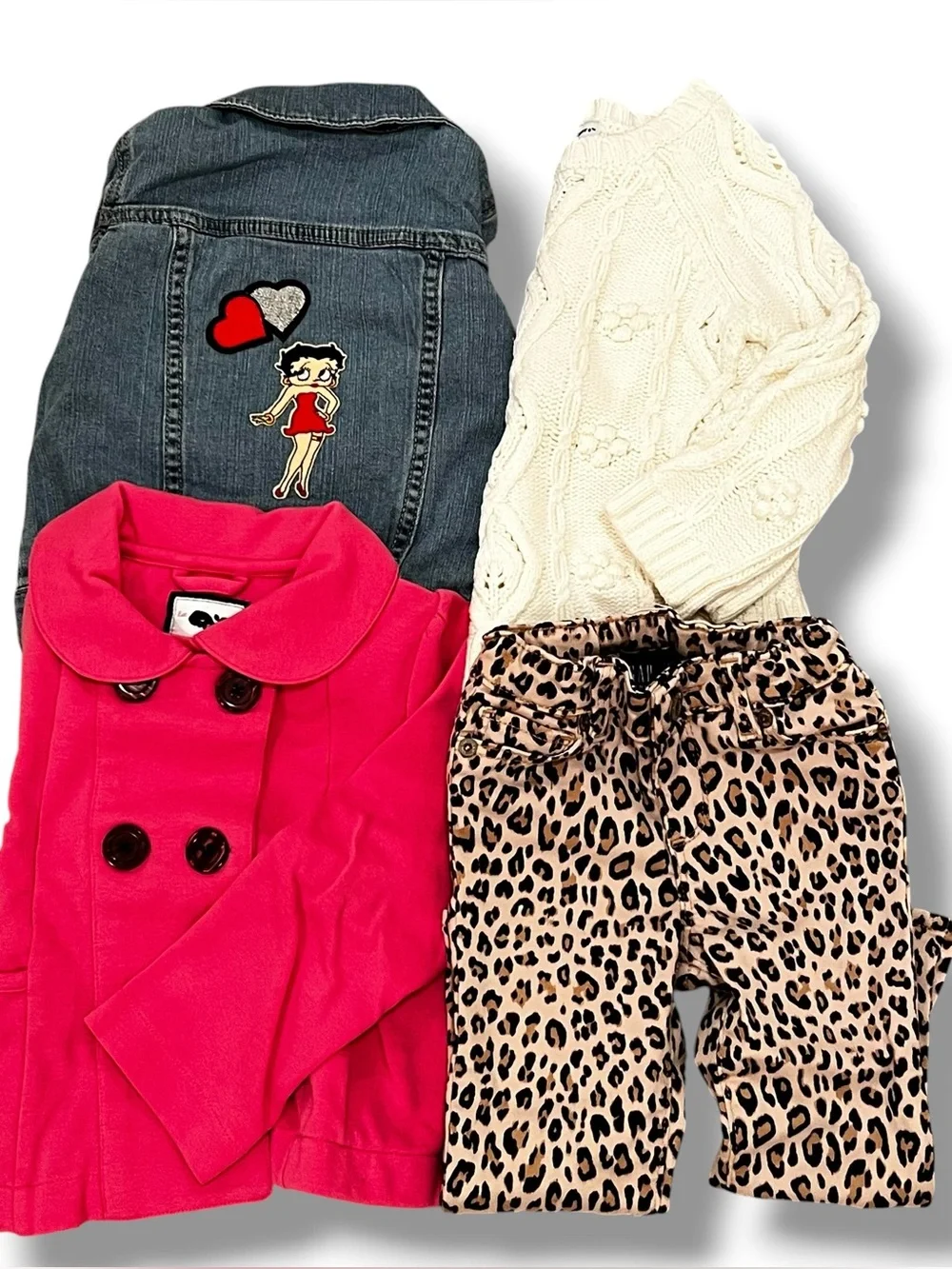 Girl Sz 2-3 Clothing Lot 4pc Pants, Sweater, Pea Coat Betty Boop Denim Jacket D8